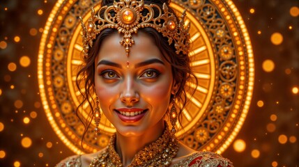 Obraz premium Goddess radiating divinity and spirituality with a joyful expression in a golden aura