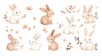 A set of cute bunnies in various poses surrounded by flowers and leaves, Cute bunny clip art set, surrounded by spring flowers and leaves in muted pastel tones on a white background, watercolor style
