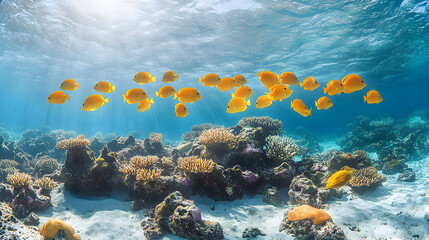Vibrant underwater scene showcasing a school of golden fish gracefully swimming above a thriving coral reef in crystal-clear ocean water, bathed in sunlight.