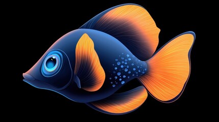 Colorful abstract fish illustration with vibrant blue and orange details on a black background