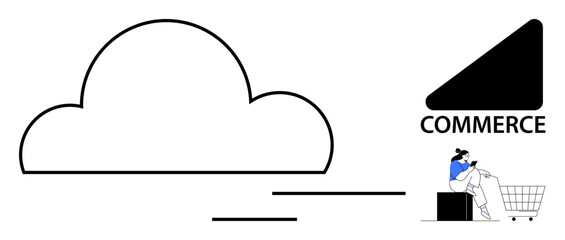 Cloud outline with horizontal lines, commerce text with triangle, woman sitting on shopping cart. Ideal for digital transformation, cloud services, online retail, e-commerce, market growth, internet