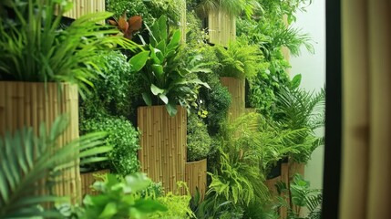 Fototapeta premium Tropical-themed indoor garden with a variety of lush greenery and bamboo planters.