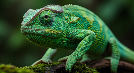 Obraz premium Green Chameleon on Mossy Branch in Forest