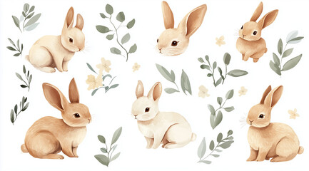 A set of cute bunnies in various poses surrounded by flowers and leaves, Cute bunny clip art set, surrounded by spring flowers and leaves in muted pastel tones on a white background, watercolor style
