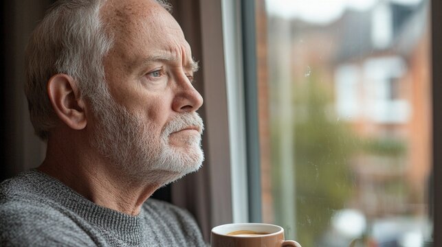 Older man enjoys a warm beverage while reflecting by the window in a cozy urban setting