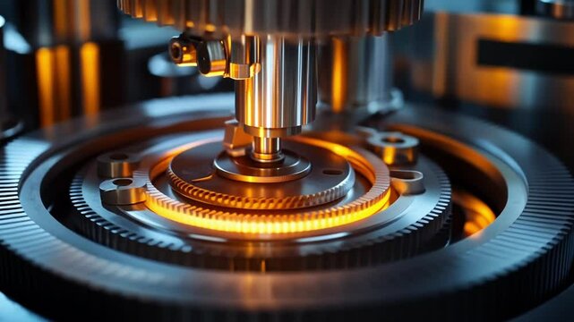 Intricate clockwork mechanism featuring rotating gears, emitting a warm orange glow, highlighting the complexity and precision inherent in advanced engineering and technology