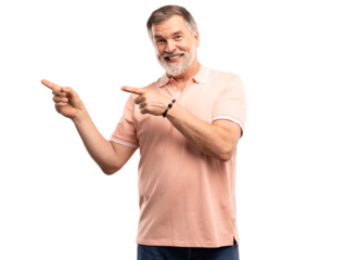 Happy mature business man entrepreneur, smiling older professional manager, confident businessman presenting ads advertising product or service isolated on transparent background.
