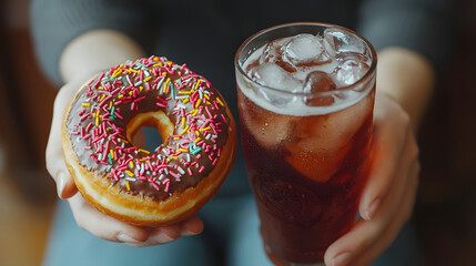 Sweet Indulgence: A tempting chocolate donut sprinkled with colorful candy and a glass of ice-cold soda, presented in a close-up shot, highlighting the sugary delights. 