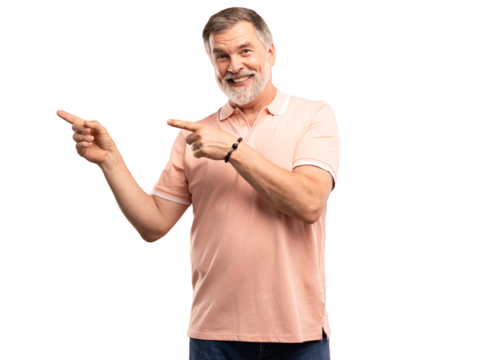 Happy mature business man entrepreneur, smiling older professional manager, confident businessman presenting ads advertising product or service isolated on transparent background.