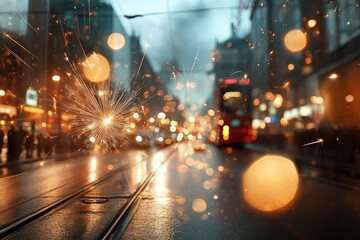 Evening city street illuminated by lights and reflections after rain with blurred bokeh effects