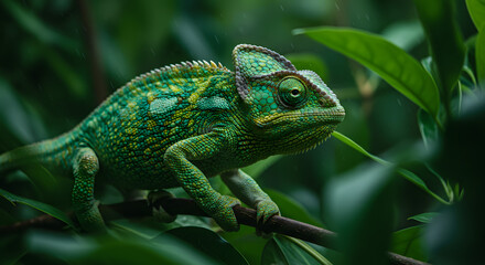 Obraz premium Green Chameleon on Leafy Branch in Forest Habitat