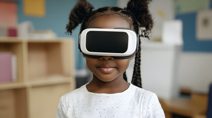 Young girl experiencing virtual reality technology in educational setting with headset and focused expression