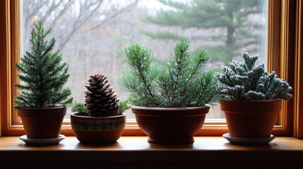 Fototapeta premium Winter indoor garden with potted evergreens, pinecones, and warm ambient lighting.