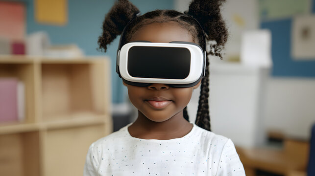 Young girl experiencing virtual reality technology in educational setting with headset and focused expression - Powered by Adobe