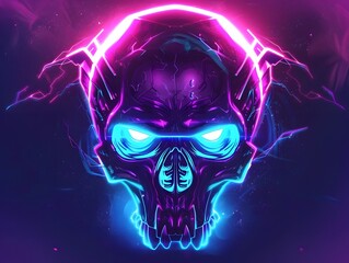 Blue Purple glowing neon abstract skull logo 