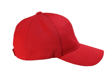 side view of a red baseball cap on transparent background cutout, PNG file
