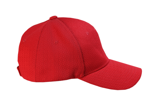 side view of a red baseball cap on transparent background cutout, PNG file