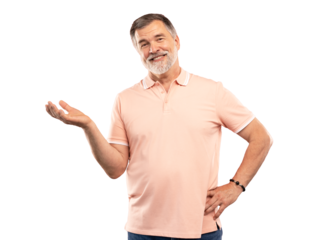 Happy mature business man entrepreneur, smiling older professional manager, confident businessman presenting ads advertising product or service isolated on transparent background.