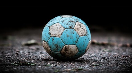 Weathered and Worn Blue Soccer Ball on a Concrete Surface Surrounded by Faded Leaves and Urban Elements in a Gritty Environment