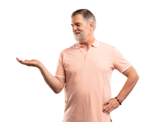 Happy mature business man entrepreneur, smiling older professional manager, confident businessman presenting ads advertising product or service isolated on transparent background.