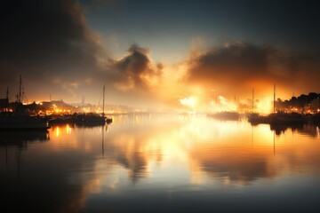 Fototapeta premium Beautiful sunset over a tranquil harbor with glowing clouds reflecting on calm waters