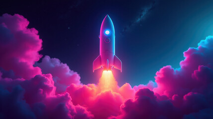 vibrant rocket launching through colorful clouds, symbolizing adventure and exploration
