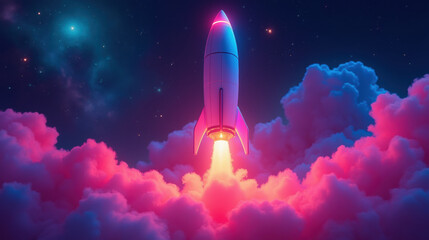Fototapeta premium colorful rocket launching through vibrant clouds in starry sky