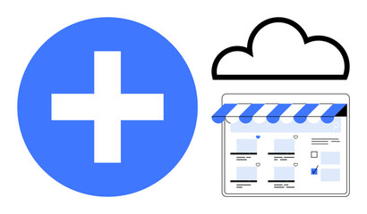 Obraz premium Plus sign, cloud icon, and online store interface highlight digital health services. Ideal for telemedicine, medical data management, cloud storage, online pharmacies, health tech, digital