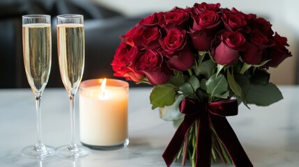 A classic anniversary bouquet of red roses tied with a velvet ribbon, placed next to a pair of champagne flutes and a lit candle.