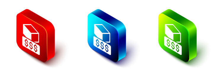 Isometric 3D printer services icon isolated on white background. 3d printing. Red, blue and green square button. Vector