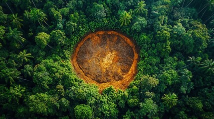 Aerial view of deforestation creates a stark contrast between the cleared land and surrounding lush greenery.