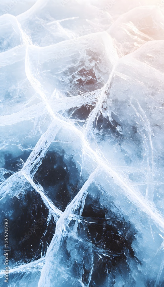 Poster frozen lake with intricate patterns of cracks radiating outward, vibrant icy blues glowing under sof