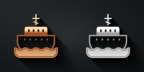 Gold and silver Ark of noah icon isolated on black background. Wood big high cargo. Long shadow style. Vector