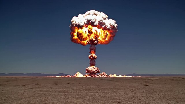 Slow Motion Shot of a Massive Nuclear Explosion &ndash; Powerful Atomic Blast, Expanding Mushroom Cloud, Intense Shockwave, Apocalyptic Destruction, Fiery Explosion, Catastrophic Event, High-Energy Detonati