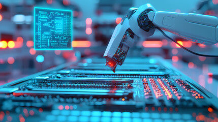 A robotic arm inspects circuit boards in a futuristic tech lab, illuminated by vibrant blue and red lights, showcasing advanced automation and precision.