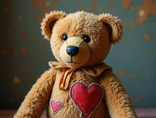 Adorable vintage teddy bear showing red stitched hearts and golden ribbon