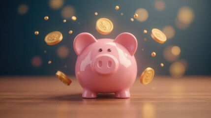 pink piggy bank surrounded by floating coins, symbolizing savings and finance