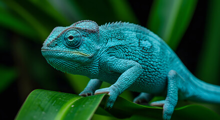 Turquoise Chameleon on Green Leaf Close-up