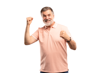 Portrait of a satisfied mature man celebrating success isolated over transparent background