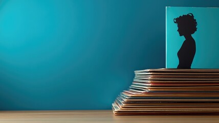 Stack of vinyl records with silhouette cover art against blue background