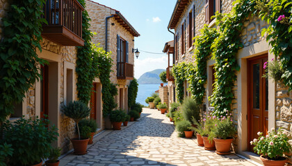Fototapeta premium Picturesque Mediterranean Stone Street Coastal Village Sunny Day Greenery