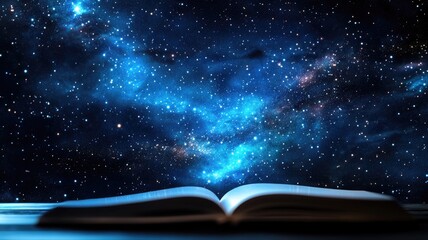 Open book against backdrop of star-filled night sky