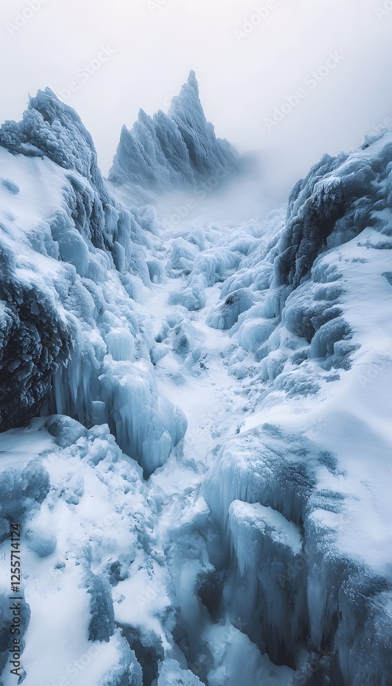Poster glacier landscape, pristine ice formations glowing under a stark white sky, cinematic framing emphas