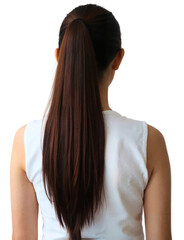 Naklejka premium woman with long brown hair tied in a ponytail, wearing a sleeveless white top, facing away.