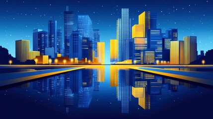 Nighttime city skyline with illuminated buildings reflecting in water under a starry sky