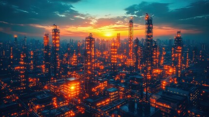 Fototapeta premium A vibrant city skyline at sunset, featuring towering industrial structures illuminated by warm orange lights against a blue sky.