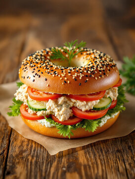 Enjoy a savory bagel sandwich packed with fresh vegetables and a creamy, tasty filling