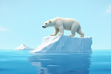 Naklejka premium polar bear standing on floating iceberg in calm blue ocean under clear sky