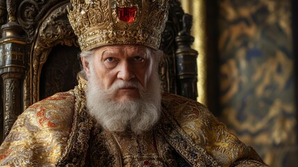 Elderly white king with crown and golden robe seated in grand throne room with regal presence