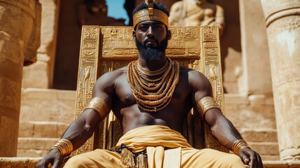Strong African king in gold jewelry and royal robes sitting on throne in grand ancient palace
